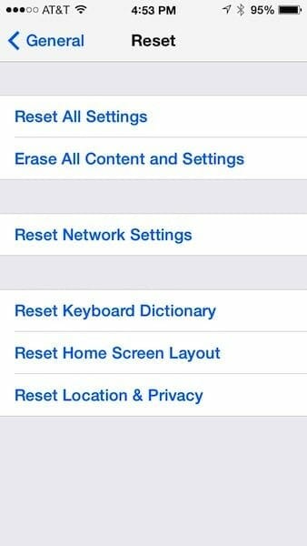 iOS Reset Settings