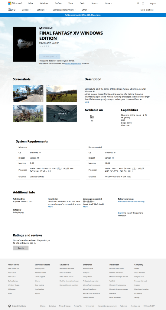 Final Fantasy XV PC Requirements Revealed by Windows Store