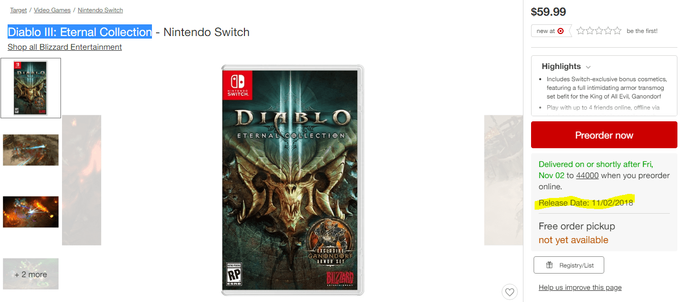 Diablo 3 for Nintendo Switch Release Date