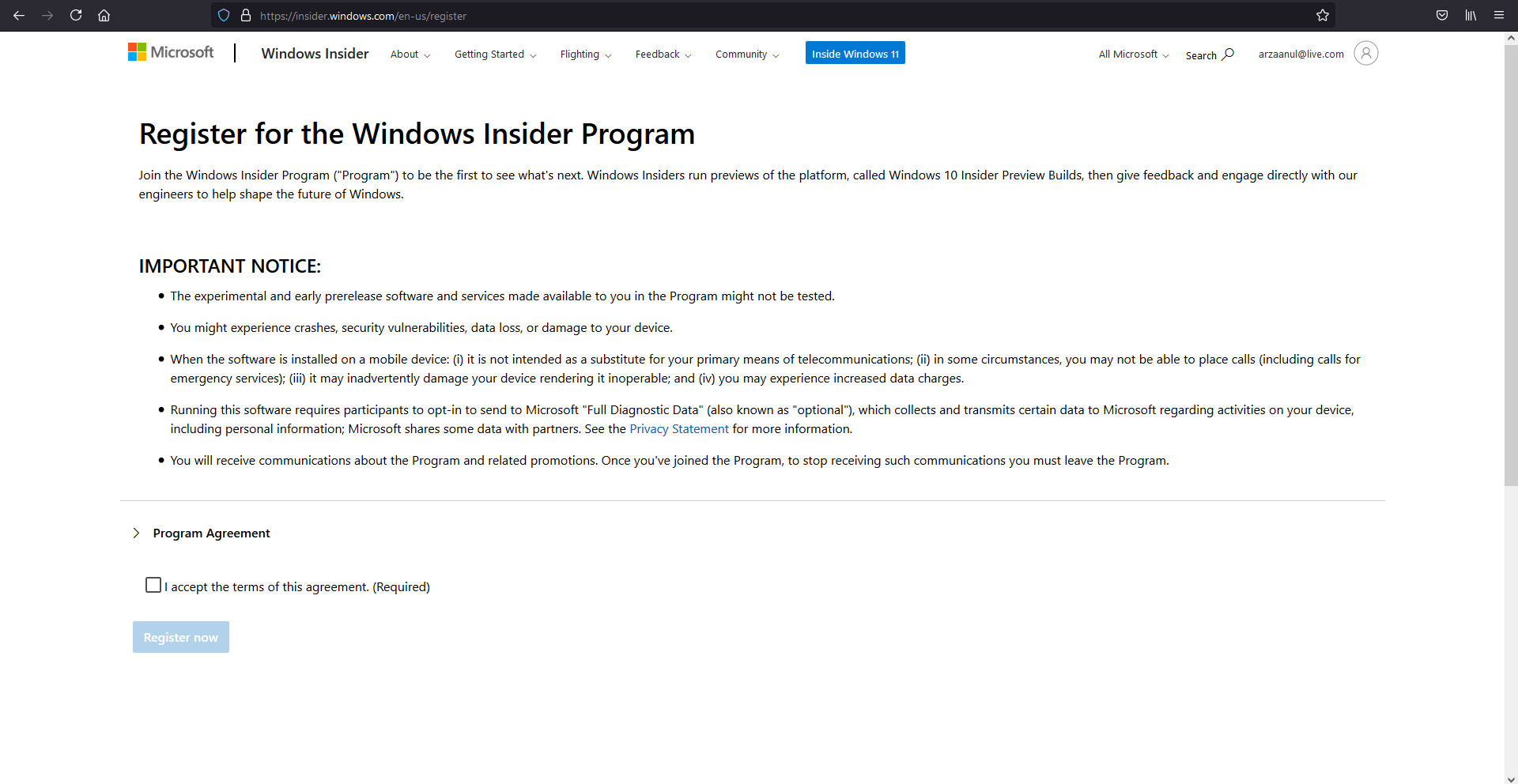 Step 2 for registering windows insider program for downloading windows 11 preview