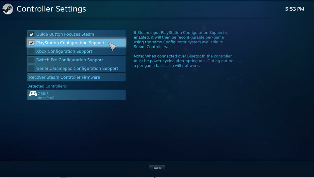 screenshot of steam controller settings to fix Ys IX: Monstrum Nox PS5 Controller issue