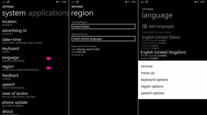 cortana us region settings