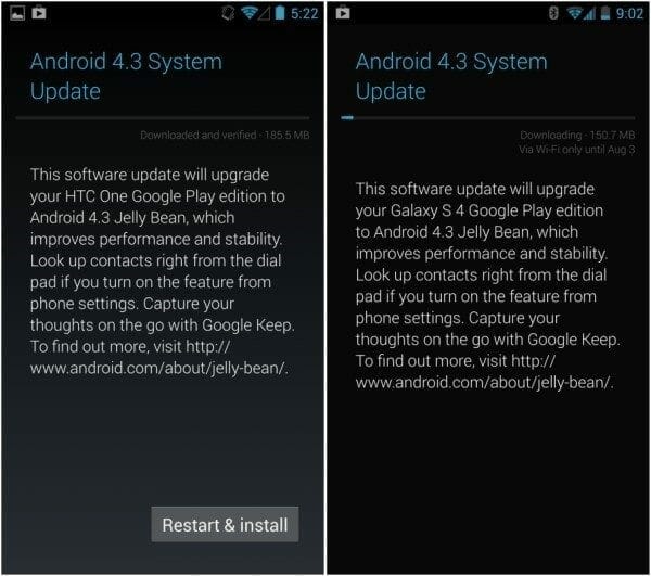 htc one and Samsung Galaxy S4 update Android 4.3